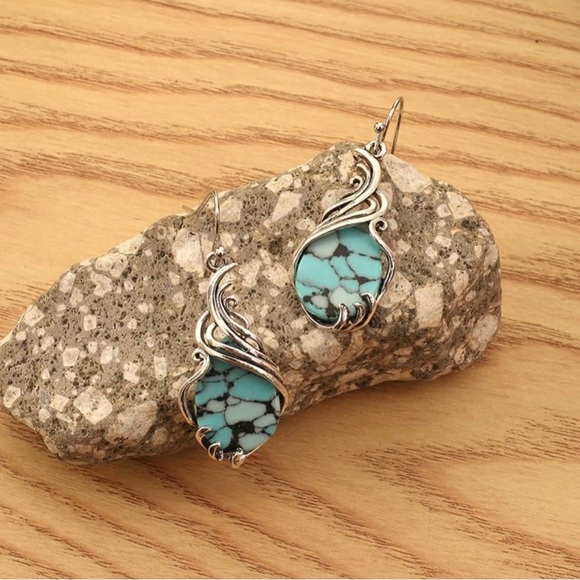 Blue & Black Stone Wire Wrapped Earrings Teardrop Bohemian Western Jewelry NEW - Picture 11 of 14